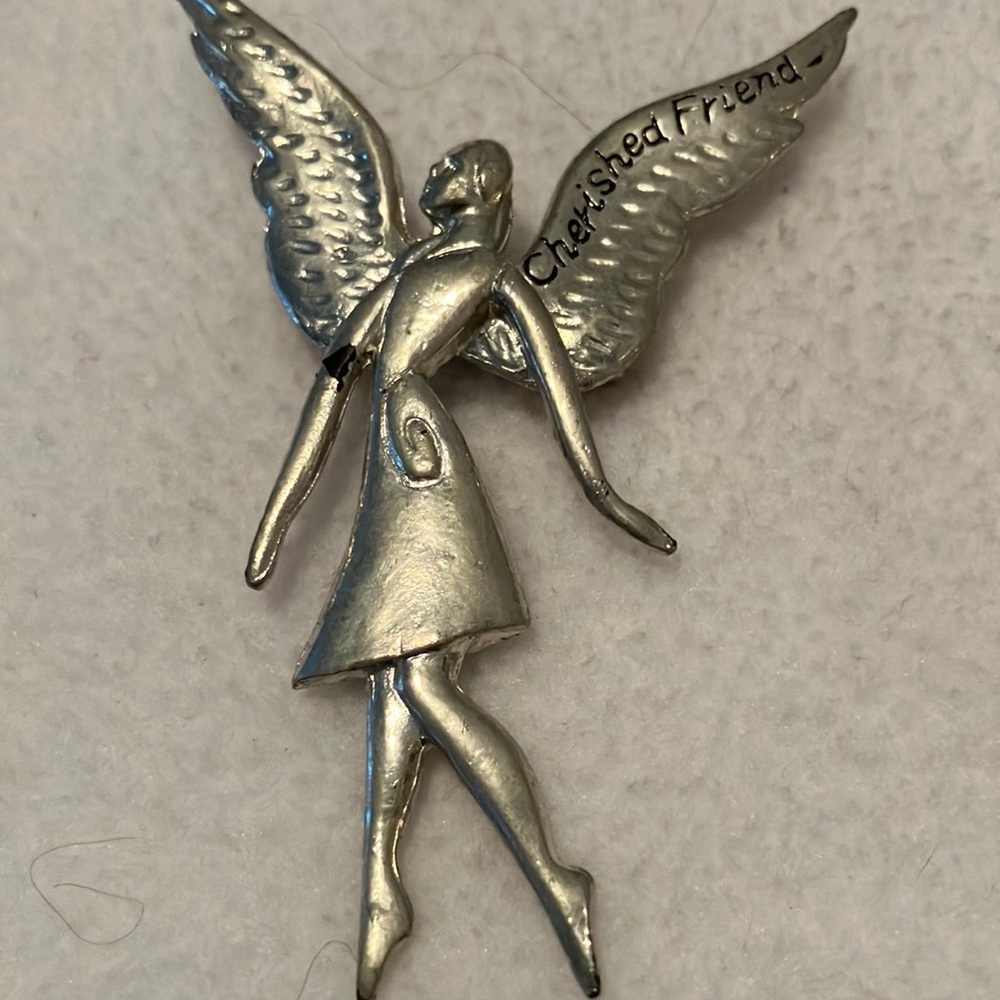 Silver Angel with Cherished Friend printed on wing. What a gift for a friend.
